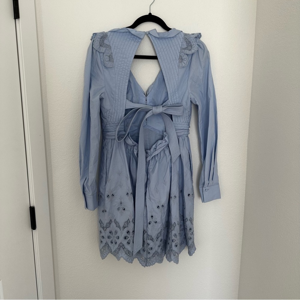 Self-Portrait Cotton Broderie Mini Dress Light Blue Open Back Size 6 Women’s - Picture 8 of 14
